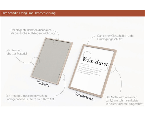 Scandi-Living Bilderrahmen mit dem Aufdruck Weindurst, Vorder- und Rückseite