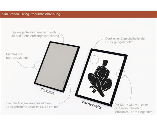 Produktbeschreibung eines gerahmten Bildes mit der Vorder- und Rückseite.
