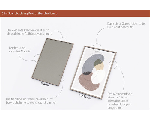 Produktbeschreibung Slim Scandic-Living mit Vorder- und Rückseite eines gerahmten Bildes mit abstraktem Motiv