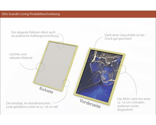 Zwei Bilderrahmen mit einem schmalen Profilrahmen, einmal die Rückseite und einmal die Vorderseite mit einem Bild in Blau- und Goldtönen