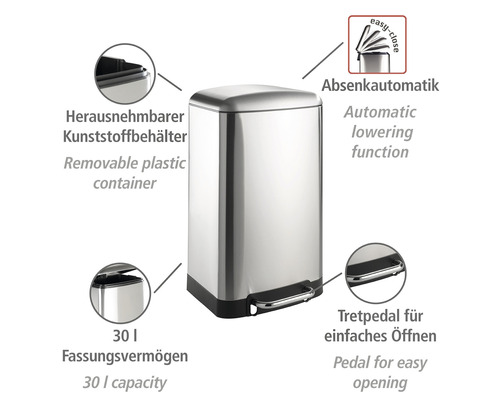 Treteimer aus Edelstahl mit 30 Liter Fassungsvermögen und herausnehmbarem Kunststoffeinsatz