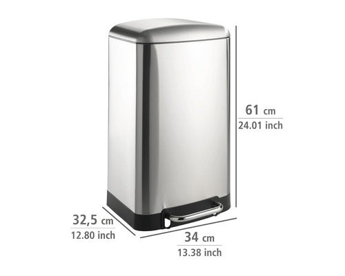 Abfalleimer aus Edelstahl mit Pedal und Maßangaben
