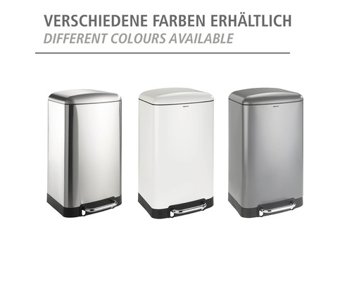 Drei rechteckige Treteimer aus Metall in verschiedenen Ausführungen