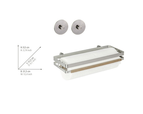 Wandrollenhalter aus Metall mit Papierrolle und Maßen.