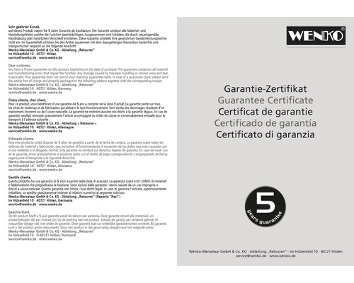 Wenko Garantiezertifikat mit 5 Jahren Garantie
