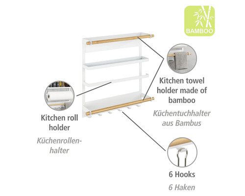 Küchenregal aus Metall mit Bambuselementen, Papierrollenhalter, Handtuchhalter und sechs Haken