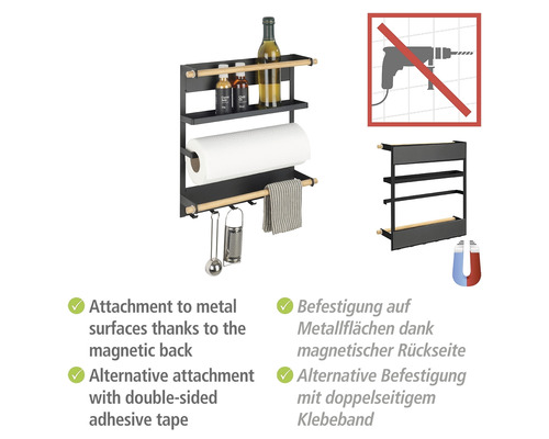 Magnetisches Küchenregal mit drei Ablagen, Papierrollenhalter und Hakenleiste