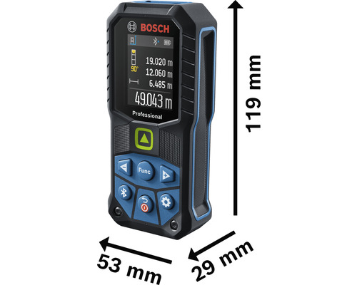 Logo Bosch. Télémètre laser Bosch Professional avec des dimensions de 119 x 53 x 29 millimètres.