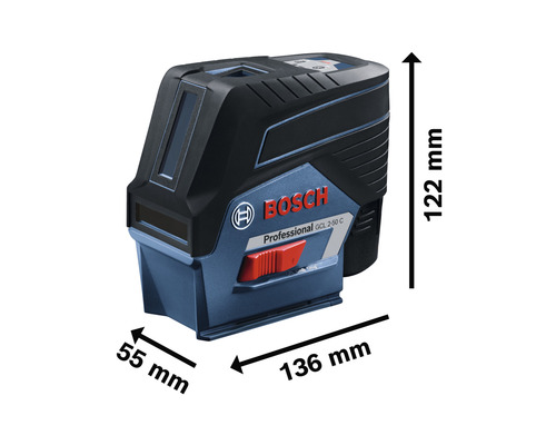 Logo Bosch Laser lignes GCL 2-50 C avec des dimensions de 122 mm de hauteur, 136 mm de longueur et 55 mm de largeur