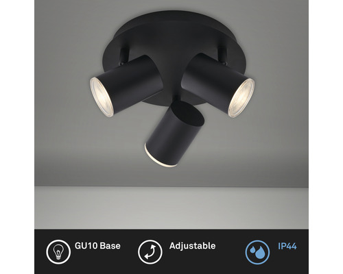Plafonnier noir avec trois douilles GU10, réglable et indice de protection IP44