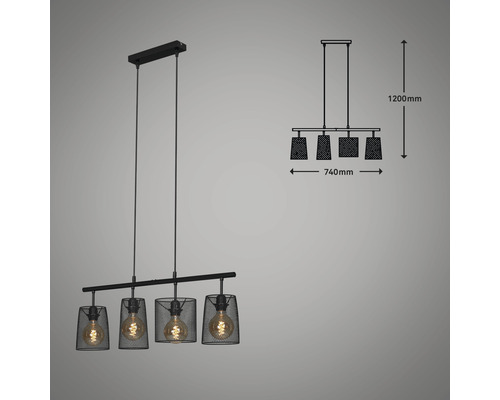 Hängelampe mit vier Lampenschirmen und den Maßen 1200 mm Höhe und 740 mm Breite.