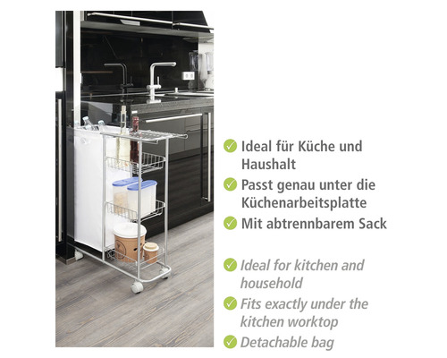 Küchenwagen mit Ablagekörben und Müllbeutel vor Küchenzeile