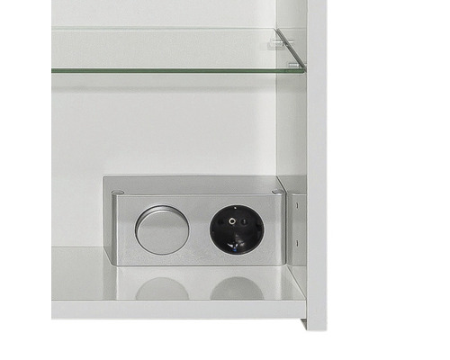 Vue intérieure d''une armoire de toilette avec étagère en verre, prise et interrupteur
