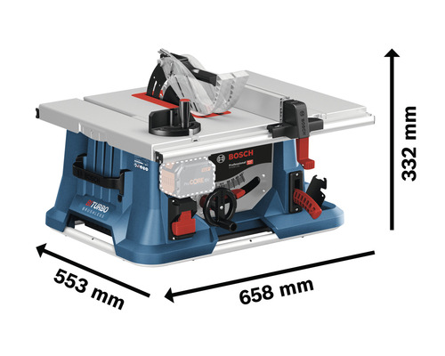 Scie circulaire de table sans fil Bosch avec dimensions 658 x 553 x 332 millimètres