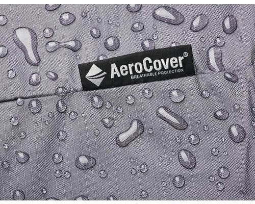 Gros plan sur un tissu hydrofuge avec le logo AeroCover et des gouttes d''eau