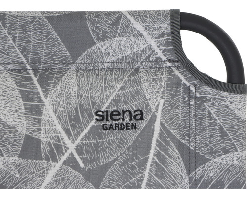 Vue détaillée d''un meuble de jardin avec motif de feuilles et logo Siena Garden