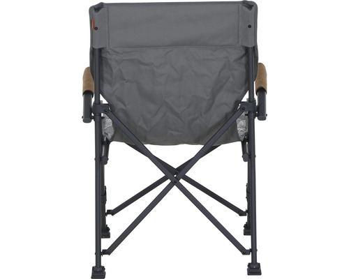 Vue arrière d''une chaise de camping avec revêtement en tissu et porte-gobelet