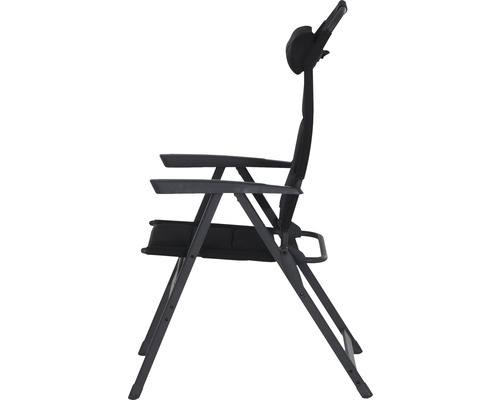 Anglerstuhl mit Armlehnen und Kopfstütze in Seitenansicht