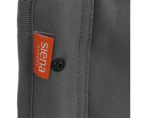 Gros plan d''un sac de jardin gris avec le logo Siena Garden et une fermeture à bouton-pression.