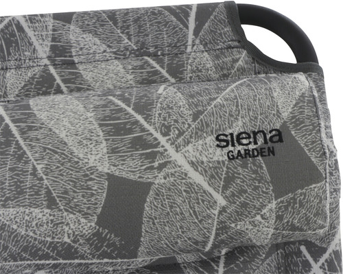 Detailansicht eines Gartenstuhls mit Blattmuster und dem Siena Garden Logo.