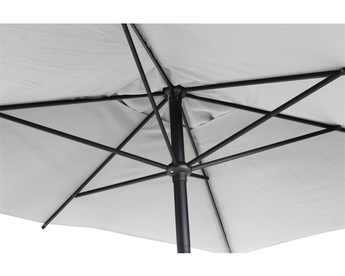 Unteransicht eines Sonnenschirms mit Metallgestell und Stoffbespannung