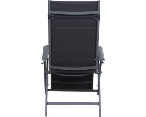 Rückansicht eines verstellbaren Gartenstuhls mit Aluminiumrahmen und Textilbespannung