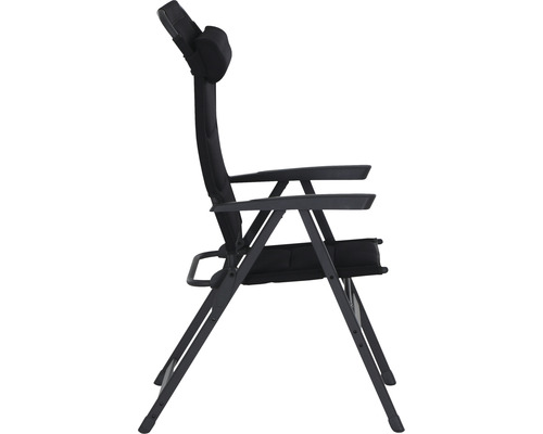 Schwarzer Klappstuhl mit Armlehnen und Kopfstütze in Seitenansicht.