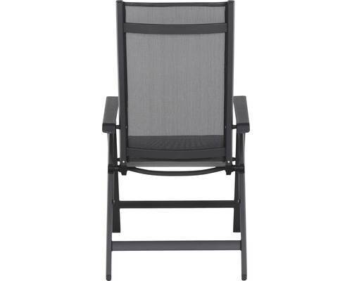 Vue arrière d''une chaise de jardin réglable avec accoudoirs.