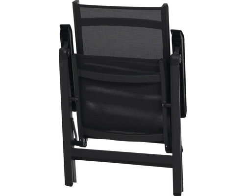 Vue arrière d''une chaise de jardin avec cadre en aluminium et revêtement en maille.