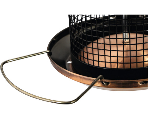 Vue détaillée d''une mangeoire à oiseaux avec grille métallique et poignée