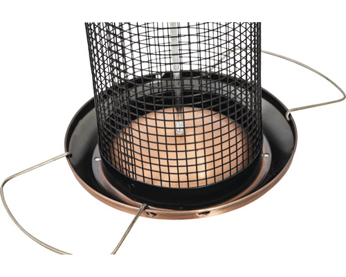 Vue détaillée d''une station d''alimentation pour oiseaux avec grille métallique et plateau d''alimentation