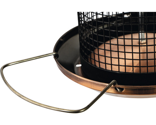 Vue détaillée d''une station d''alimentation pour oiseaux avec panier métallique et dispositif de suspension