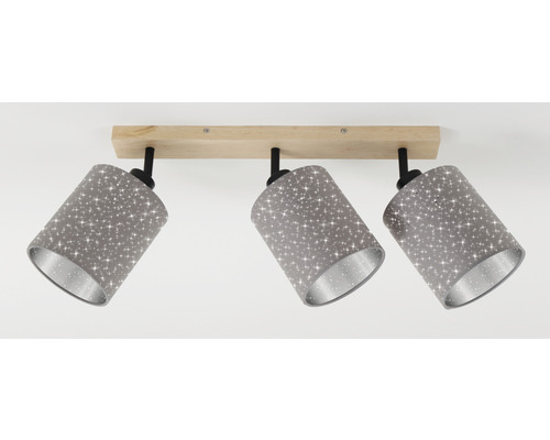 Spot de plafond métal/bois/textile 3 ampoules Stofa naturel/noir abat-jour textile taupe avec décor étoile HxLxl 195x475x130 mm