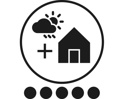 Wetterbeständigkeitssymbol für ein Haus, mit Sonne, Wolken und Regentropfen