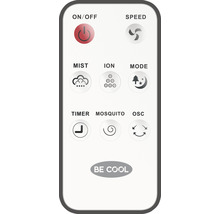 Télécommande Be Cool avec boutons pour marche/arrêt, vitesse, brume, ion, mode, minuterie, protection contre les moustiques et oscillation