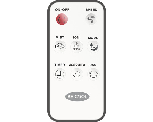 Télécommande Be Cool avec boutons pour marche/arrêt, vitesse, brume, ion, mode, minuterie, protection contre les moustiques et oscillation