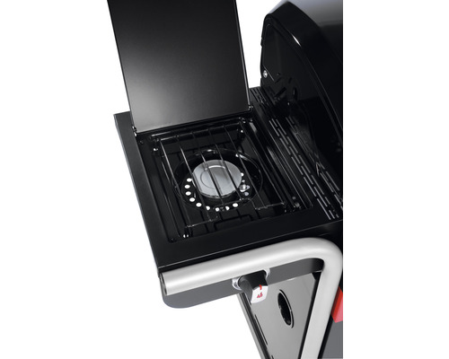 Vue détaillée d''un gril à gaz avec brûleur latéral et couvercle ouvert