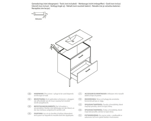 Schéma d''un meuble sous-lavabo avec tiroirs, lavabo et pistolet à silicone