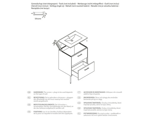 Schéma d''un meuble sous-vasque avec deux tiroirs et un lavabo, une cartouche de silicone est prête