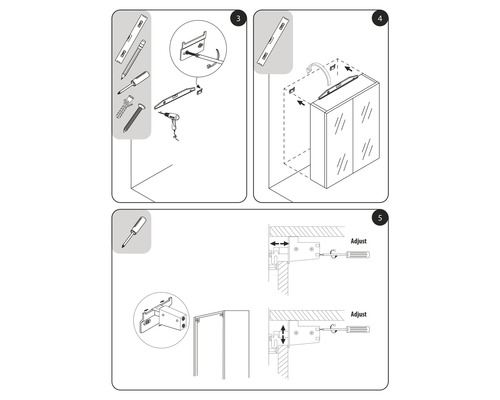 Illustration des instructions de montage d''une armoire de toilette.