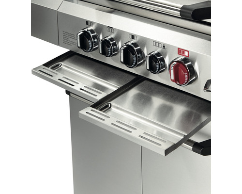 Vue détaillée d''un gril à gaz en acier inoxydable avec tablettes latérales et boutons de commande