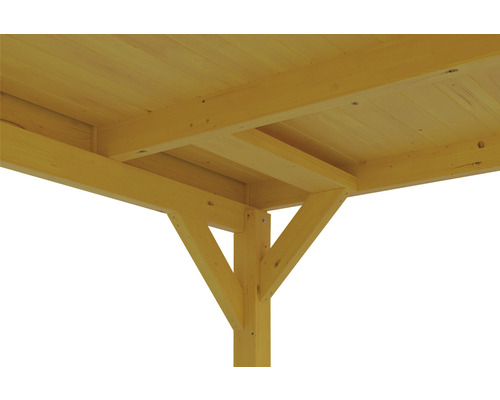 Detailansicht einer Holzkonstruktion mit Dach