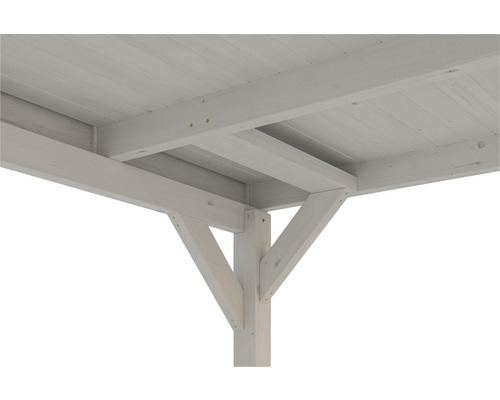 Vue détaillée d''une pergola en bois avec poteaux de support et structure de toit