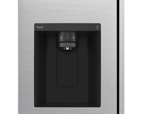 Vue détaillée d''un réfrigérateur avec distributeur d''eau et logo LG ThinQ