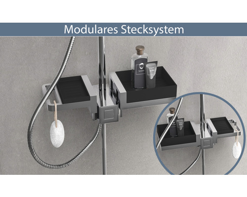 Modulares Duschregal-System mit Ablagen zur Montage an einer Duschstange
