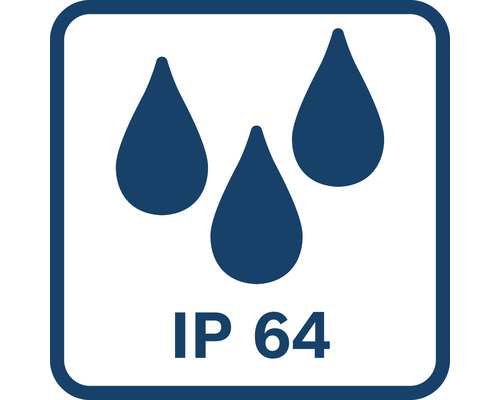 Indice de protection IP64 : Protection contre la poussière et les projections d’eau de toutes directions