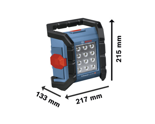 Logo Bosch. Projecteur de chantier sans fil Bosch avec dimensions.