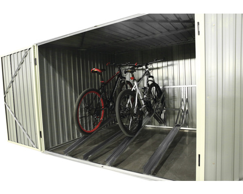 Fahrradbox aus Metall mit zwei Fahrrädern und einer Fahrradhalterung