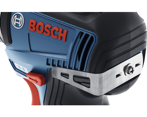 Gros plan d''une visseuse sans fil Bosch avec des éléments métalliques et un interrupteur rouge