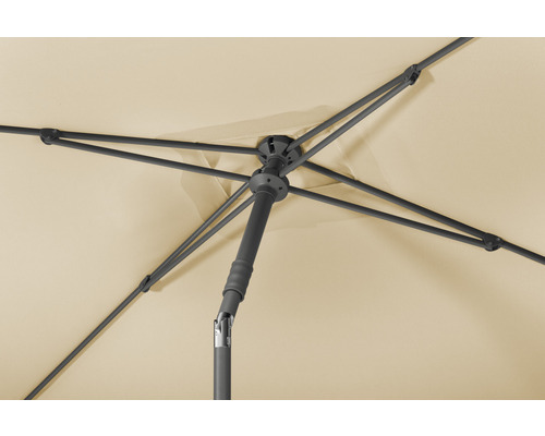 Gros plan d''un parasol vu d''en bas avec armature et toile